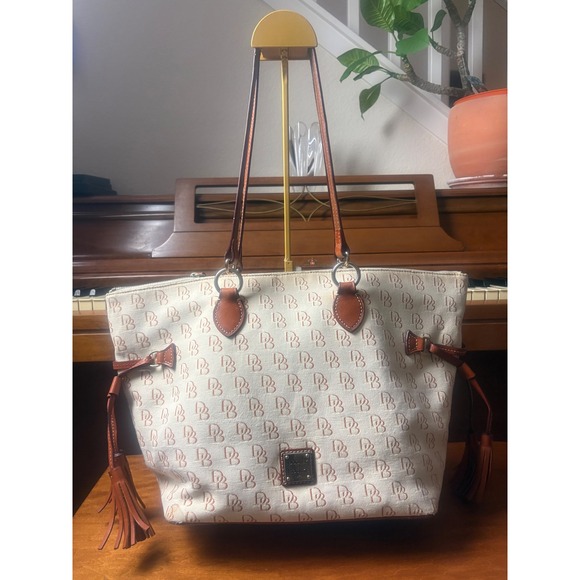 Dooney & Bourke Handbags - Dooney & Bourke DB Monogram Canvas Tote Bag Tassels Leather Trim Large